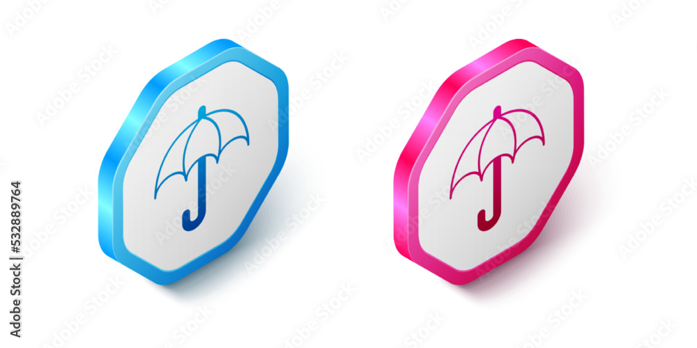 Isometric Umbrella icon isolated on white background. Insurance concept. Waterproof icon. Protection, safety, security concept. Hexagon button. Vector