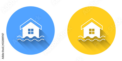 White House flood icon isolated with long shadow background. Home flooding under water. Insurance concept. Security, safety, protection, protect concept. Circle button. Vector