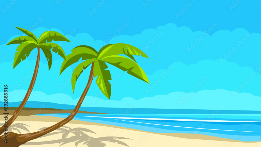 Obraz premium Tropical background, palm trees on the sandy beach, flat vector illustration.
