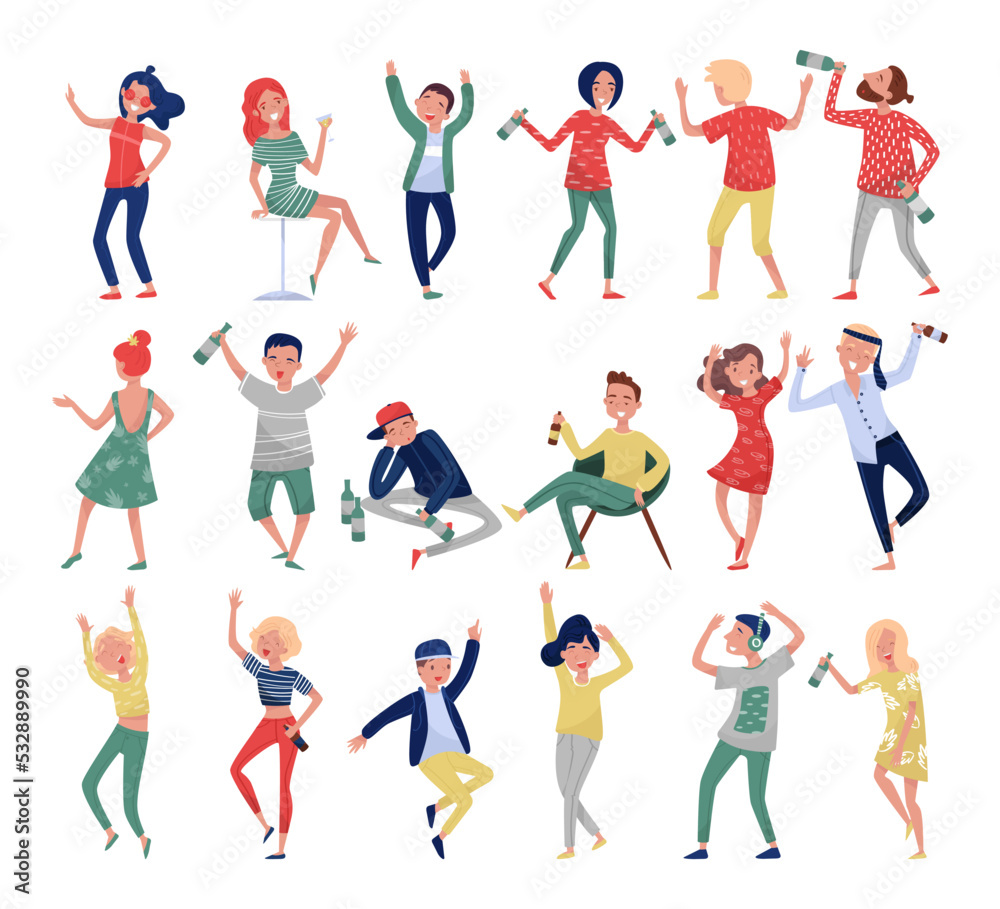 Drunk People Character with Alcoholic Drinks Dancing Having Party Big Vector Set