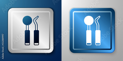 White Dental inspection mirror and probe icon isolated on blue and grey background. Explorer scaler. Tool dental checkup. Silver and blue square button. Vector