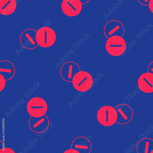 Red Toothache painkiller tablet icon isolated seamless pattern on blue background. Tooth care medicine. Capsule pill and drug. Pharmacy design. Vector
