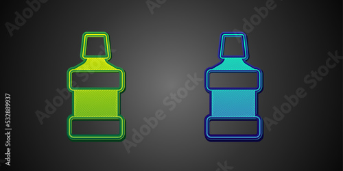 Green and blue Mouthwash plastic bottle icon isolated on black background. Liquid for rinsing mouth. Oralcare equipment. Vector