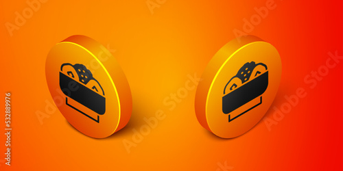 Isometric Chow mein on plate icon isolated on orange background. Asian food. Orange circle button. Vector