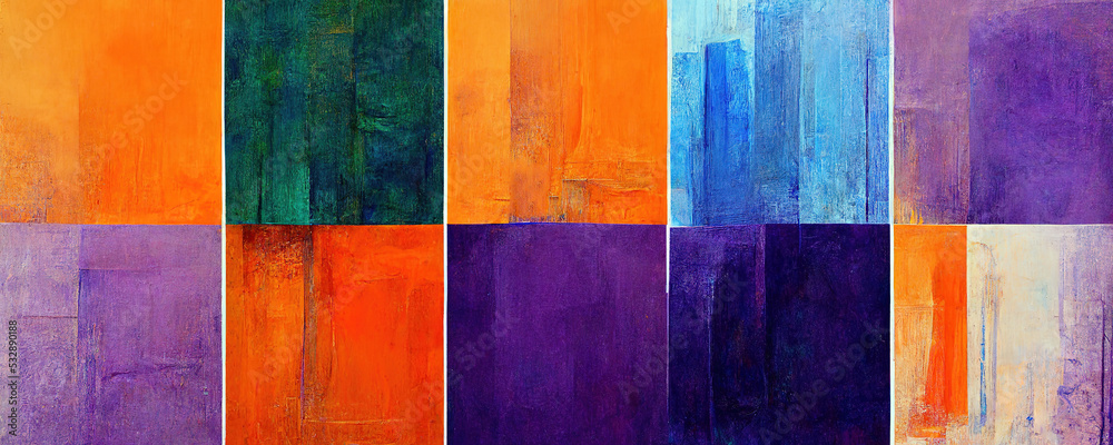 Abstract art squares with purple, orange, blue and green textured surfaces for a panorama modern background, Generative AI