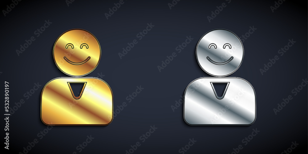 Gold and silver Happy customer icon isolated on black background. Long shadow style. Vector Gold and silver Happy customer icon isolated on black background. Long shadow style. Vector