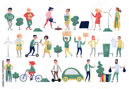 Eco Friendly People Character Protecting Environment Sorting Garbage, Using Alternative and Ecological Transport Big Vector Set