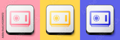 Isometric Safe icon isolated on pink, yellow and blue background. The door safe a bank vault with a combination lock. Reliable Data Protection. Square button. Vector