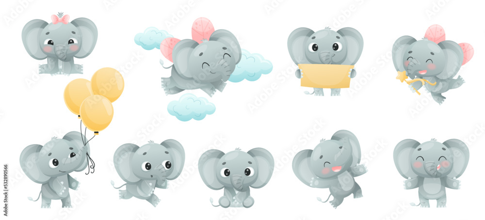 Funny Grey Elephant with Large Ear Flaps and Trunk Enjoying Different Activity Vector Set Funny Grey Elephant with Large Ear Flaps and Trunk Enjoying Different Activity Vector Set