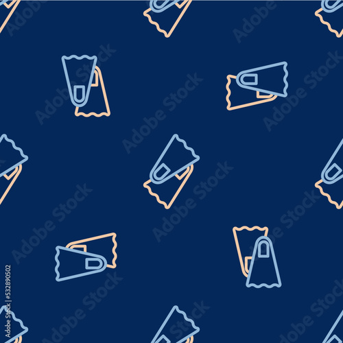 Line Rubber flippers for swimming icon isolated seamless pattern on blue background. Diving equipment. Extreme sport. Diving underwater equipment. Vector