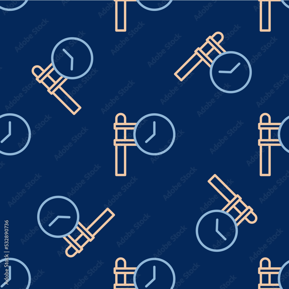 Line Train station clock icon isolated seamless pattern on blue background. Vector Line Train station clock icon isolated seamless pattern on blue background. Vector