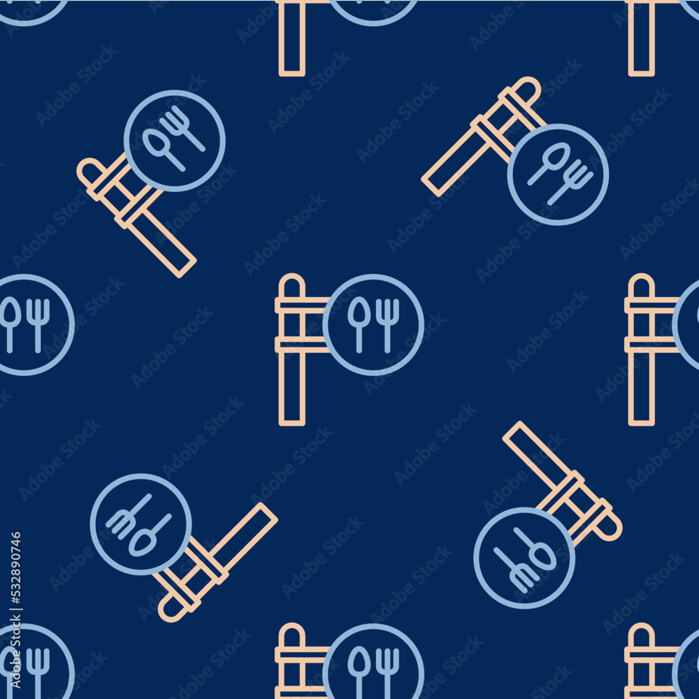 Obraz premium Line Cafe and restaurant location icon isolated seamless pattern on blue background. Fork and spoon eatery sign inside pinpoint. Vector.