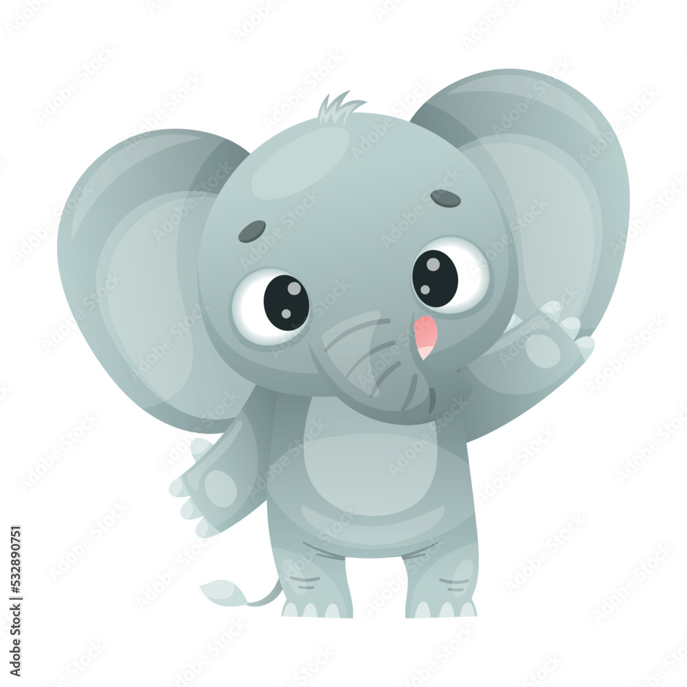 Funny Grey Elephant with Large Ear Flaps and Trunk Greeting Waving Arm Vector Illustration