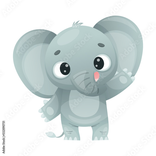 Funny Grey Elephant with Large Ear Flaps and Trunk Greeting Waving Arm Vector Illustration