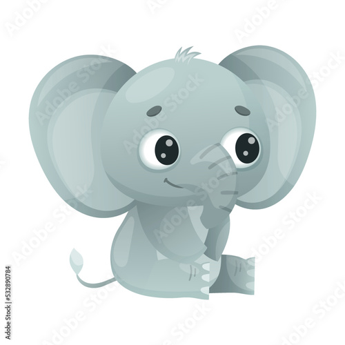 Funny Grey Elephant with Large Ear Flaps and Trunk Sitting Vector Illustration