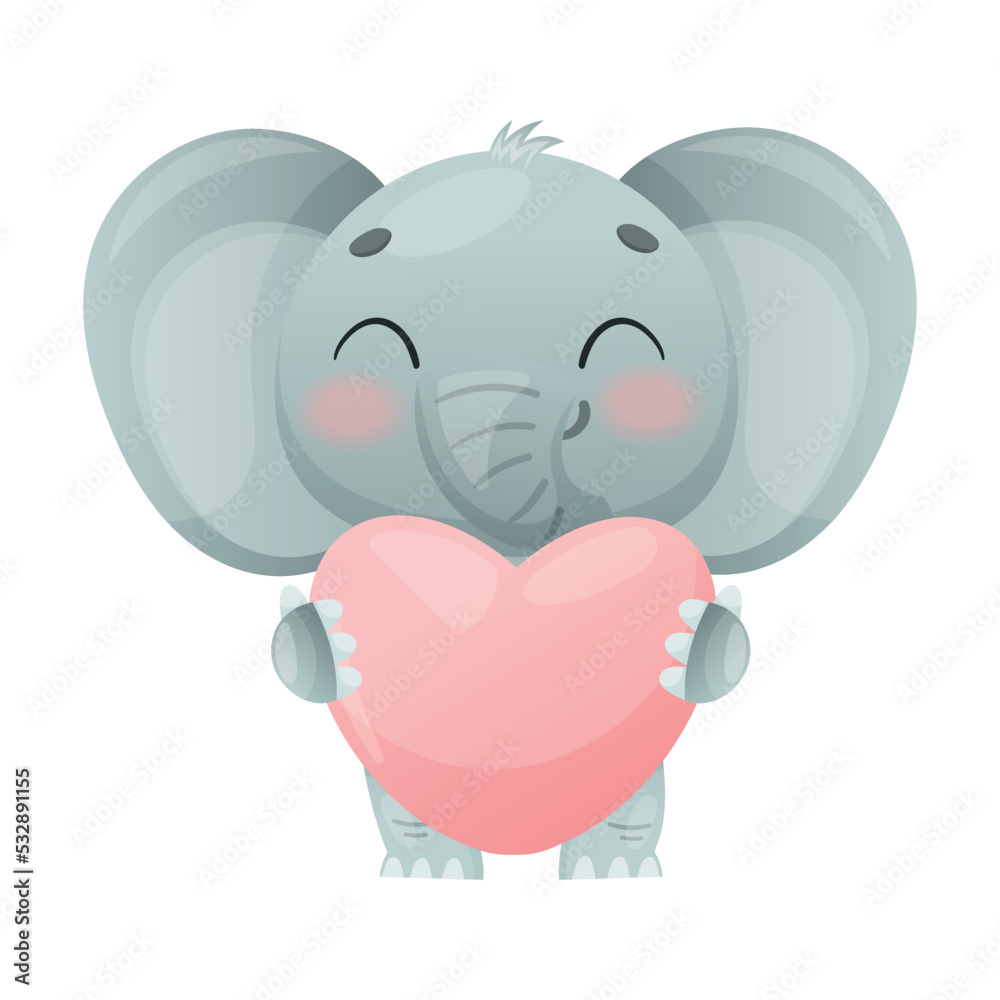 Funny Grey Elephant with Large Ear Flaps and Trunk Holding Pink Heart Vector Illustration Funny Grey Elephant with Large Ear Flaps and Trunk Holding Pink Heart Vector Illustration