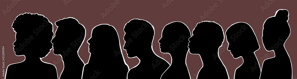 Long banner with a lot of diverse people silhouettes. Vector flat illustration. The concept of diversity and equality of people.