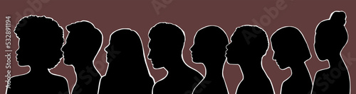 Long banner with a lot of diverse people silhouettes. Vector flat illustration. The concept of diversity and equality of people.