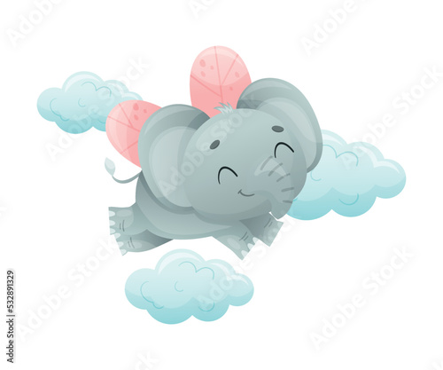 Funny Grey Elephant with Large Ear Flaps and Trunk Flying Above Cloud with Wings Vector Illustration