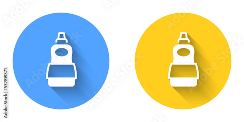 White Dishwashing liquid bottle icon isolated with long shadow background. Liquid detergent for washing dishes. Circle button. Vector