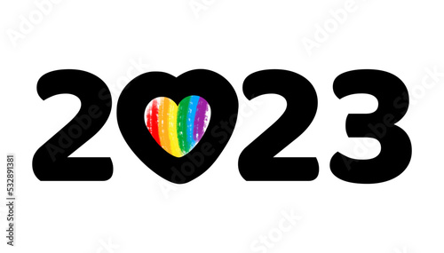 LGBT 2023 logo. Vector flat illustration with heart rainbow flag.