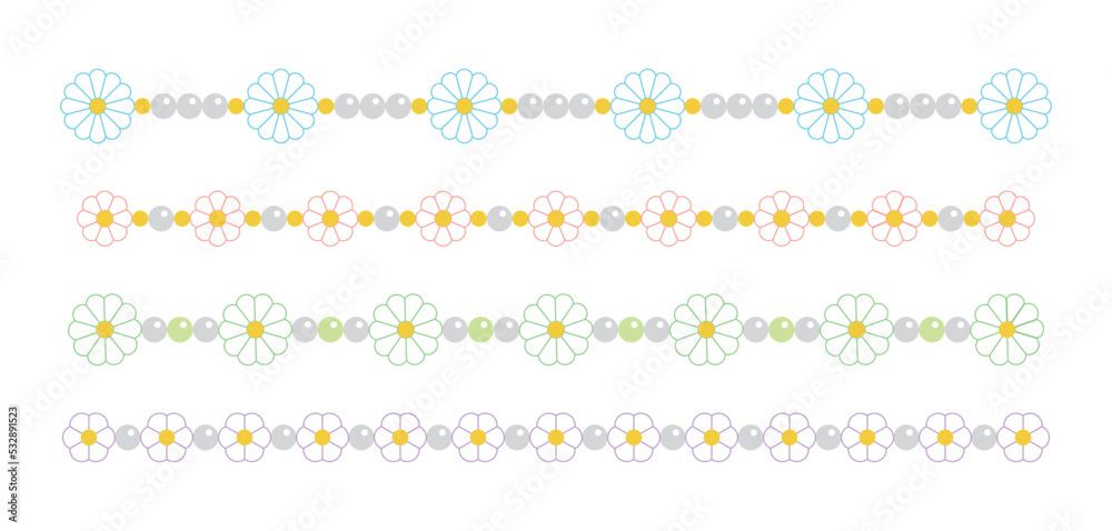 Set of decorative border lines in cute designs of daisy flowers and bead patterns. Jewelry, accessories, fashion decoration. Set of decorative border lines in cute designs of daisy flowers and bead patterns. Jewelry, accessories, fashion decoration.