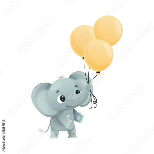 Funny Grey Smiling Elephant with Large Ear Flaps and Trunk Holding Bunch of Balloons Vector Illustration