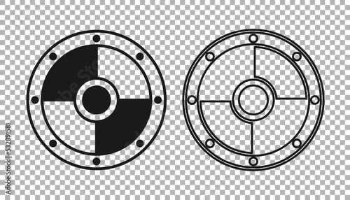 Black Round wooden shield icon isolated on transparent background. Security, safety, protection, privacy, guard concept. Vector