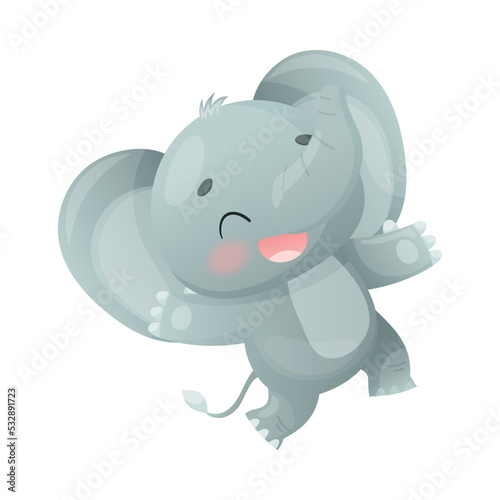 Funny Grey Elephant with Large Ear Flaps and Trunk Laughing Vector Illustration