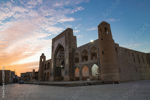 Ancient Abdulaziz Khan madrasah on the sunrise. Bukhara, Uzbekistan