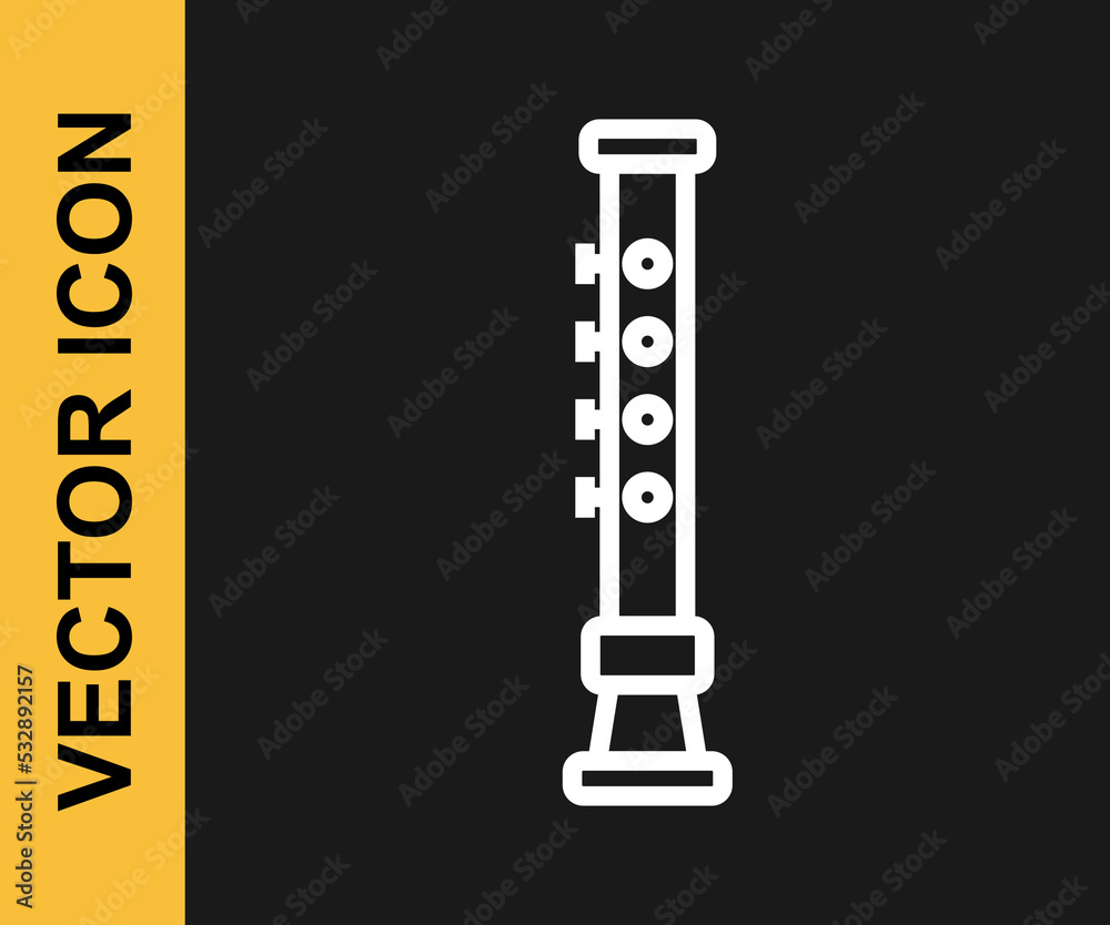 White line Flute icon isolated on black background. Musical instrument. Vector White line Flute icon isolated on black background. Musical instrument. Vector