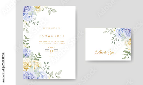 Watercolor floral and leaves wedding invitation card 