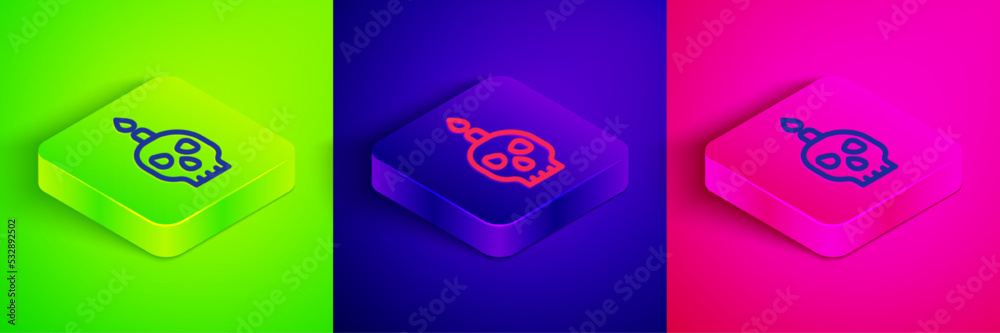 Isometric line Burning candle on a skull icon isolated on green, blue and pink background. Day of dead. Square button. Vector Isometric line Burning candle on a skull icon isolated on green, blue and pink background. Day of dead. Square button. Vector