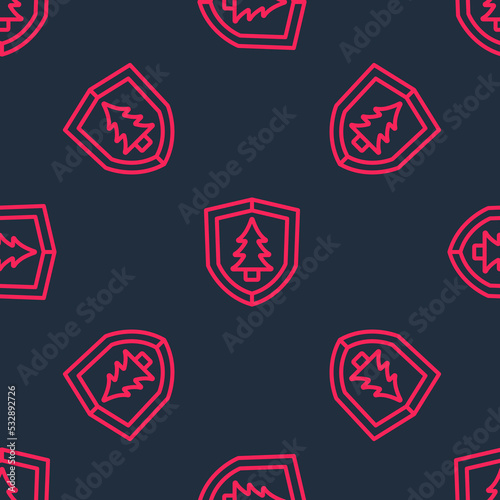 Red line Shield with tree icon isolated seamless pattern on black background. Eco-friendly security shield with tree. Vector