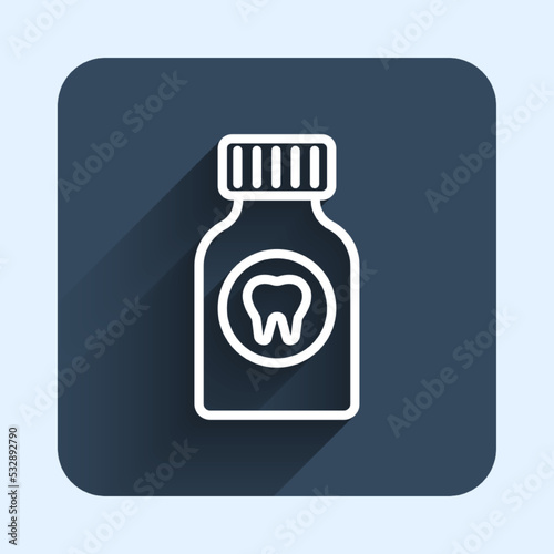White line Toothache painkiller tablet icon isolated with long shadow background. Tooth care medicine. Capsule pill and drug. Pharmacy design. Blue square button. Vector