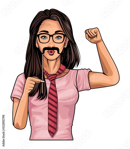 girl wearing mustache and necktie