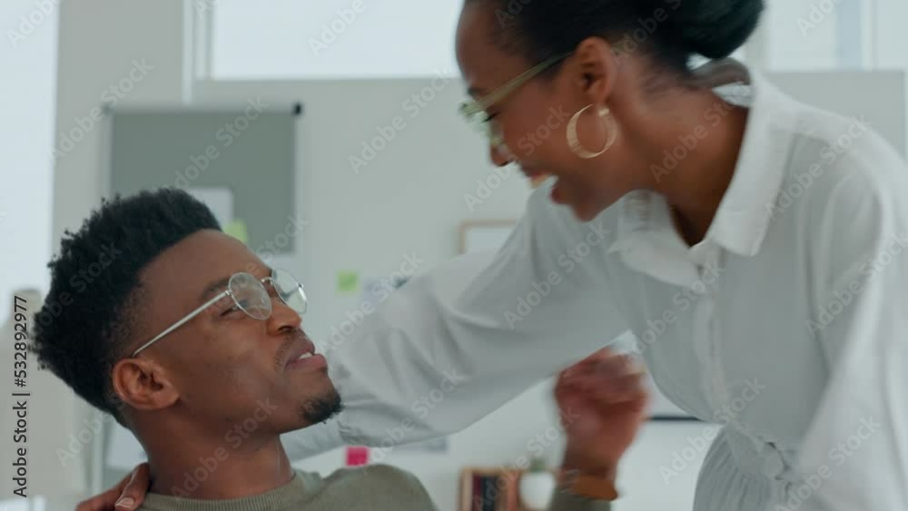 Work couple, business partners and kissing at office, listening to music and feeling happy while working with girlfriend boss at company. Love, entrepreneur and black man and woman working as team Work couple, business partners and kissing at office, listening to music and feeling happy while working with girlfriend boss at company. Love, entrepreneur and black man and woman working as team