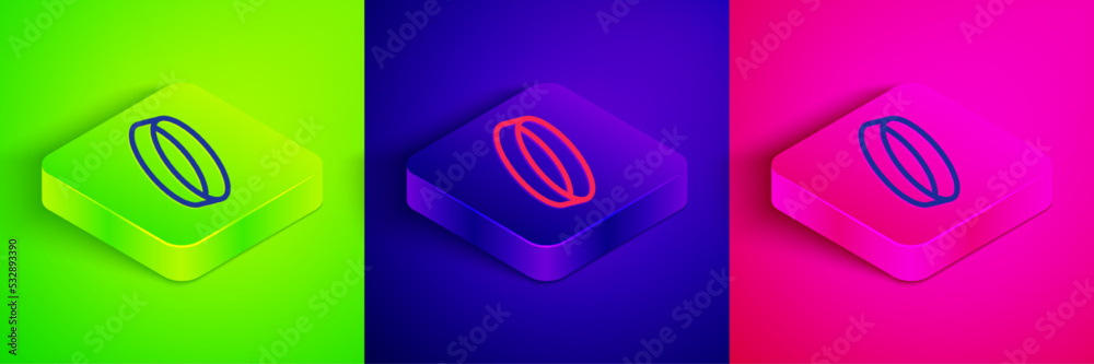 Isometric line Wedding ring icon isolated on green, blue and pink background. Bride and groom jewelry sign. Marriage symbol. Diamond ring. Square button. Vector Isometric line Wedding ring icon isolated on green, blue and pink background. Bride and groom jewelry sign. Marriage symbol. Diamond ring. Square button. Vector