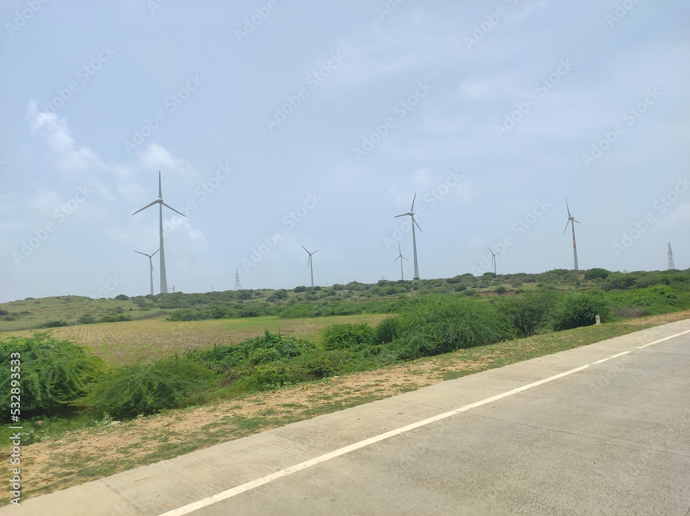 Somnath, Gujarat India September 22 2022 Windmills placed near the
