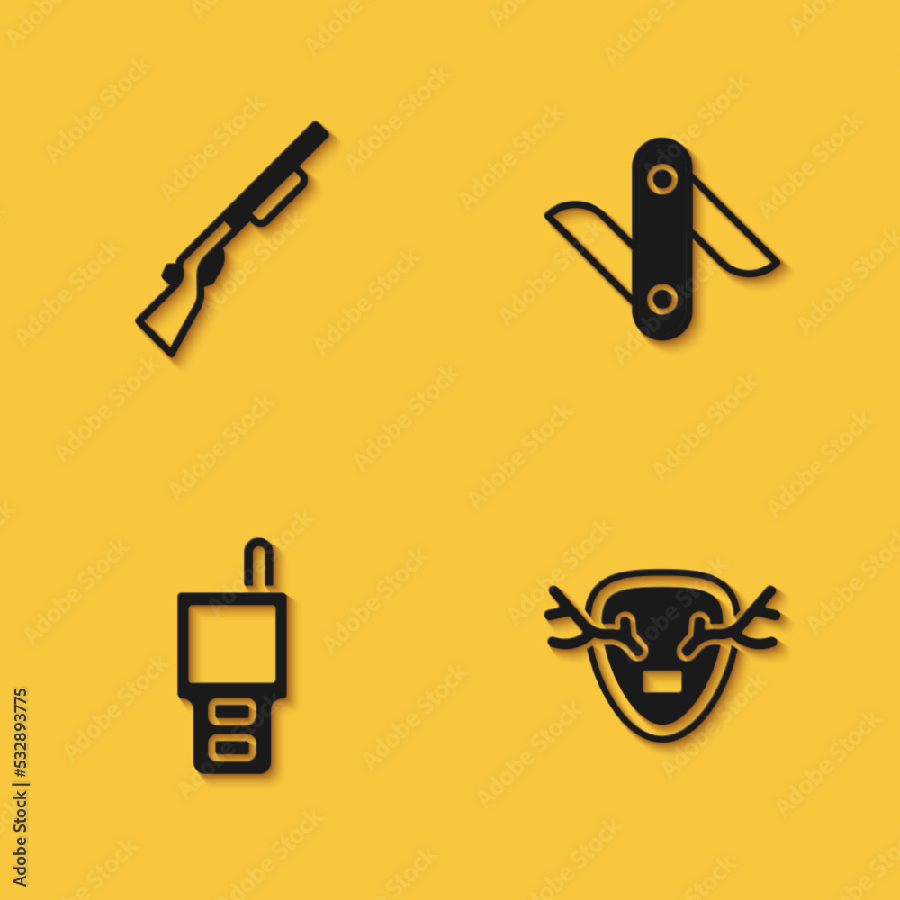 Set Hunting gun, Deer antlers on shield, Walkie talkie and Swiss army knife icon with long shadow. Vector