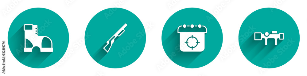 Set Hunter boots, Hunting gun, Target sport and Sniper optical sight icon with long shadow. Vector Set Hunter boots, Hunting gun, Target sport and Sniper optical sight icon with long shadow. Vector