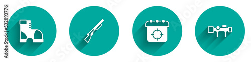Set Hunter boots, Hunting gun, Target sport and Sniper optical sight icon with long shadow. Vector