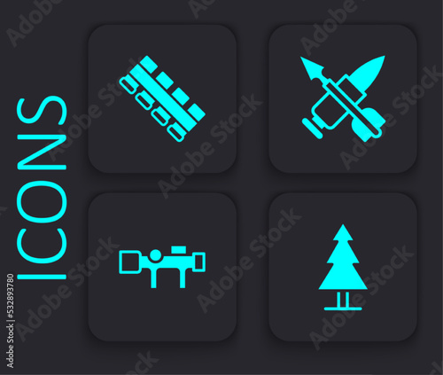Set Tree, Hunting cartridge belt, Crossed bullet with arrow and Sniper optical sight icon. Black square button. Vector