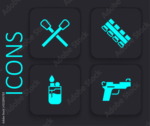 Set Pistol or gun, Burning match with fire, Hunting cartridge belt and Lighter icon. Black square button. Vector