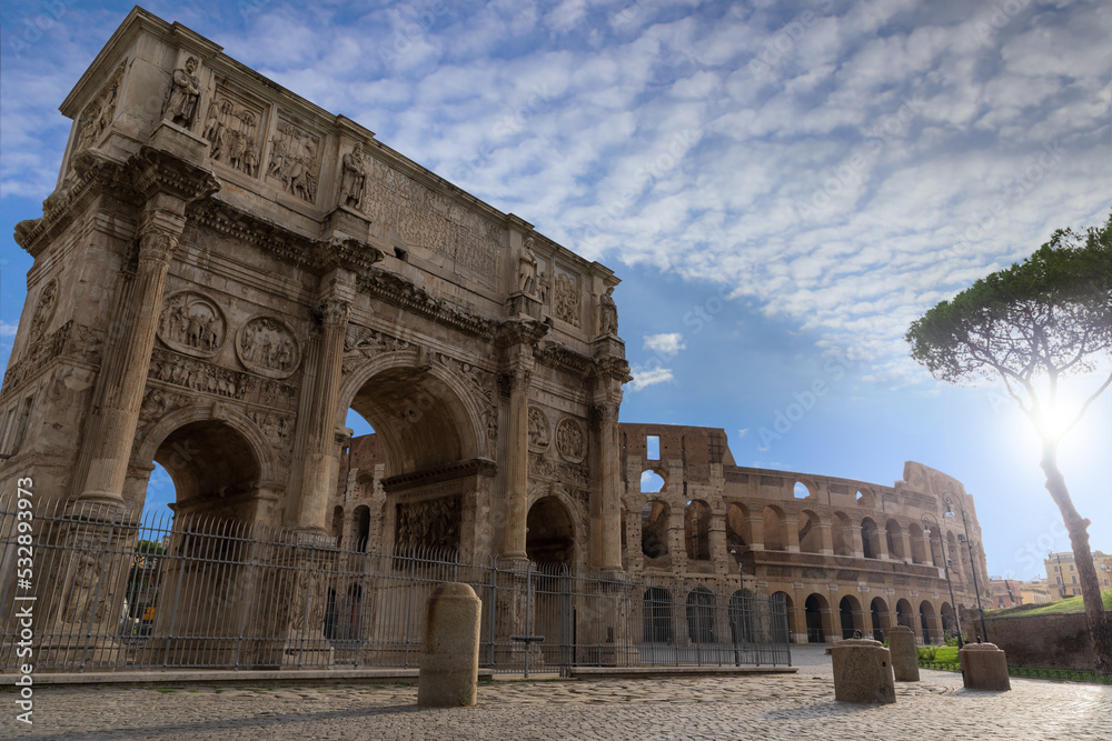 The Arch of Constantine and the Colosseum in Rome, Italy.