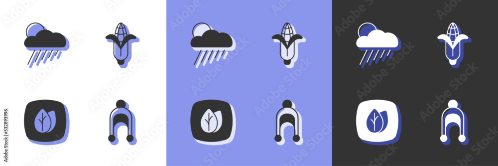 Set Winter hat, Cloud with rain and sun, Leaf and Corn icon. Vector