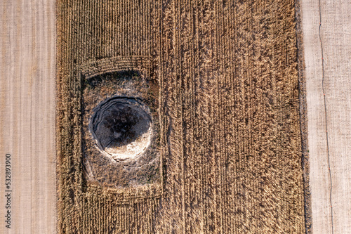 Aerial view of a sinkhole in a farming area at Konya, Turkey