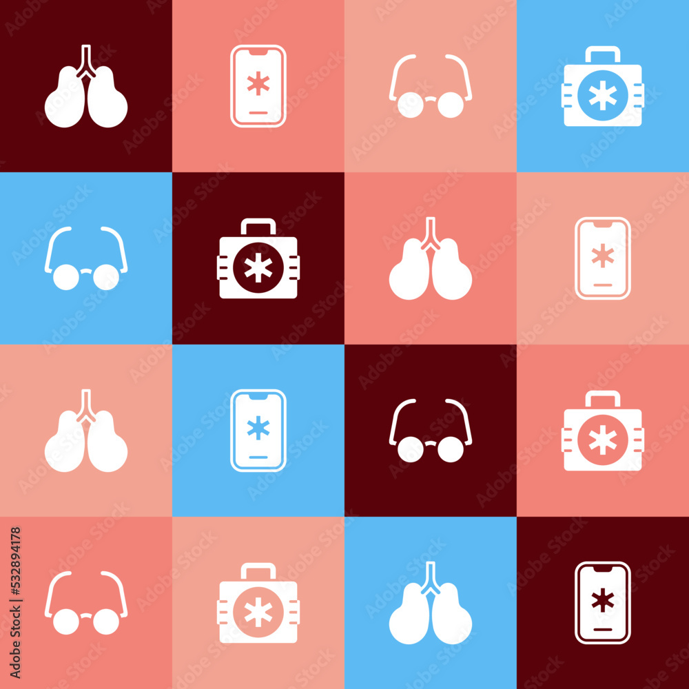 Set pop art Lungs, Emergency call 911, Glasses and First aid kit icon. Vector Set pop art Lungs, Emergency call 911, Glasses and First aid kit icon. Vector