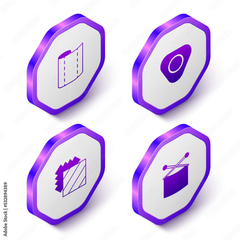 Set Isometric Textile fabric roll, Sewing chalk, Layers clothing textile and Knitting needles icon. Purple hexagon button. Vector Set Isometric Textile fabric roll, Sewing chalk, Layers clothing textile and Knitting needles icon. Purple hexagon button. Vector