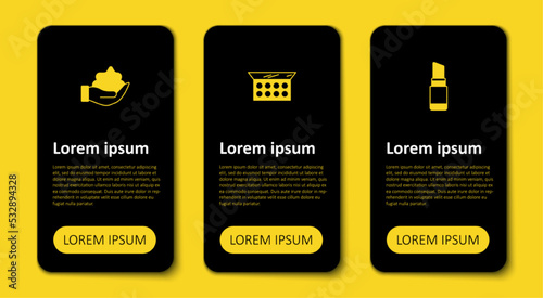 Set Lipstick, Makeup powder with mirror and Shaving foam on hand. Business infographic template. Vector